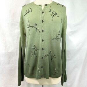 NAPA VALLEY Green Ombre Floral Embellished Knit Cardigan Women's M Cottage Soft